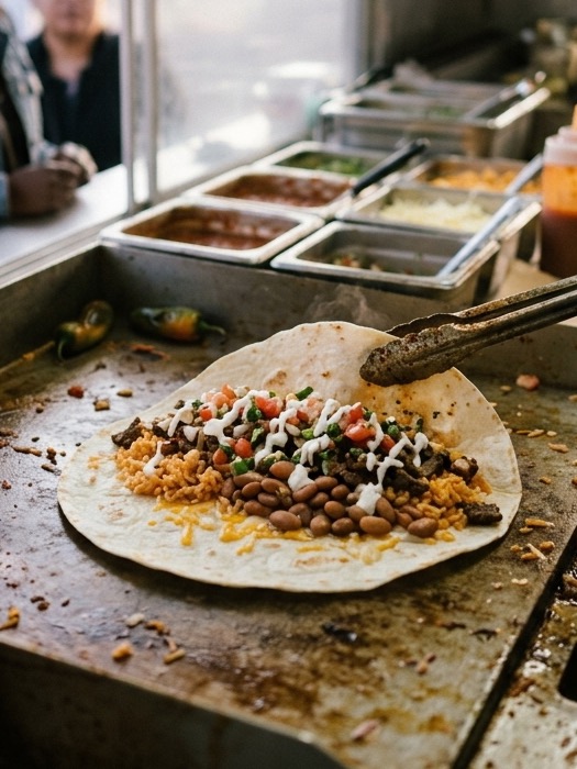 Offener Burrito mit Reis, Bohnen, Fleisch und Pico de Gallo auf der Grillplatte