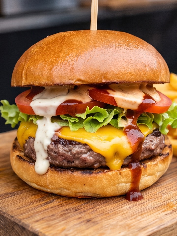 Manolito's Burger mit Cheddar, Salat, Tomate und Saucen im Briochebrötle
