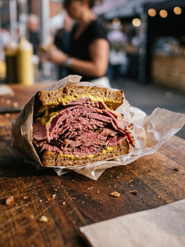 Pastramisandwich, hoch gestapelt mit Senf auf dunklem Brot