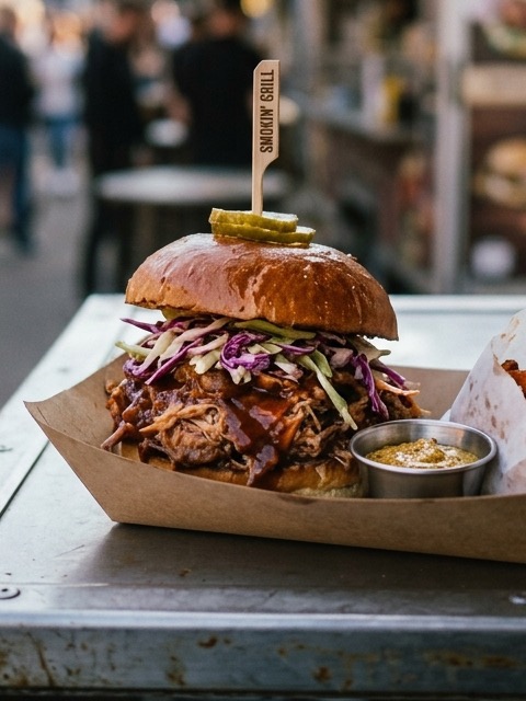 Pulled-Pork-Burger mit Slaw und BBQ-Sauce im glänzenden Bun
