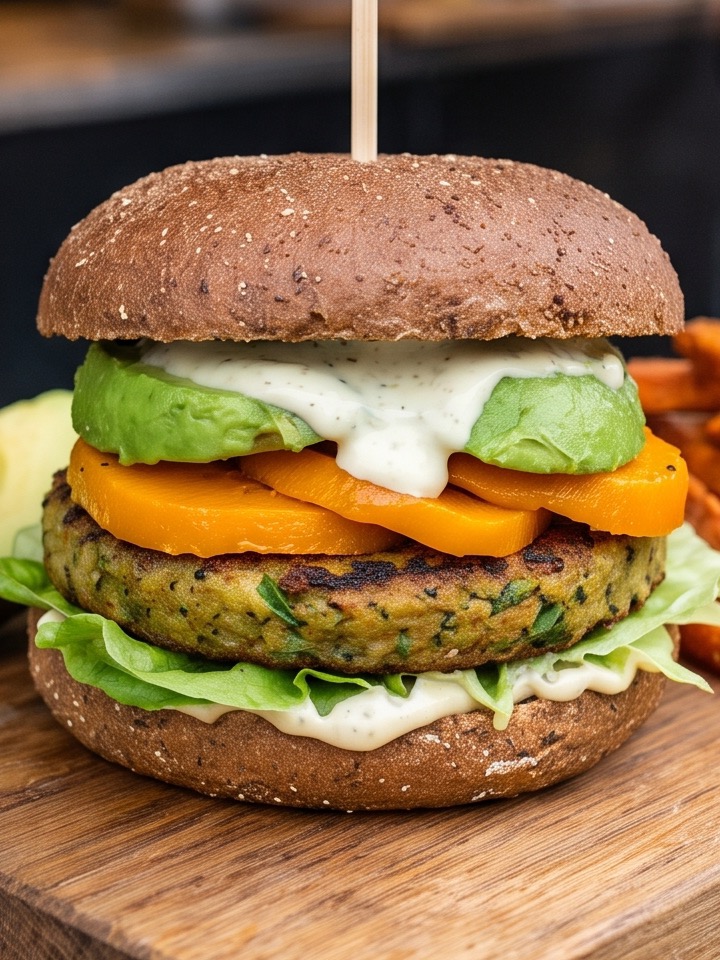 Manolito's Vegan-Burger mit Gemüse-Patty, Avocado und Kürbis im Vollkorn-Brötchen
